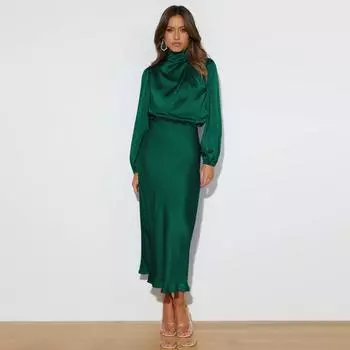 Женское весеннее вечернее платье с длинным рукавом-фонариком, элегантное длинное платье трапециевидной формы с бретелькой на шее и высокой талией, сплошной цвет L озеро синий