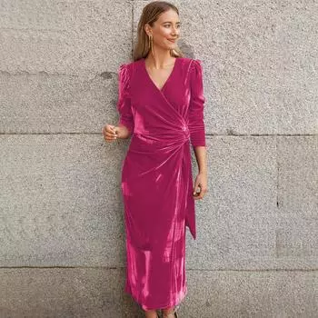 Женское весеннее вечернее платье с длинным рукавом, элегантное трапециевидное платье с v-образным вырезом и поясом с высокой талией, длинные бархатные платья, сплошной цвет S чёрный