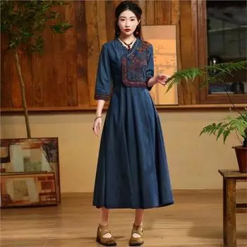 Женское весеннее винтажное платье Johnature с вышивкой, нишевое платье с длинными рукавами, хлопковое платье с v-образным вырезом и краем грибка M синий