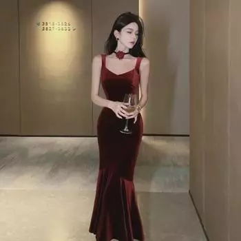Женское винно-красное бархатное платье-рыбка - стиль «французский летний день рождения» Large вино красного