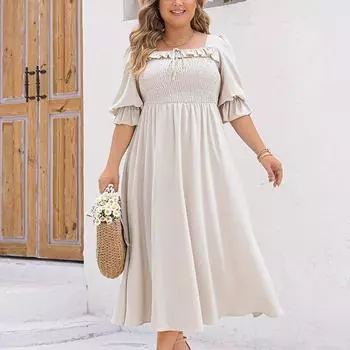 Женское винтажное эластичное платье с квадратным вырезом и рюшами Лето с короткими рукавами с рюшами и открытой спиной Пляжный отдых Длинное платье Дышащие струящиеся платья макси больших размеров