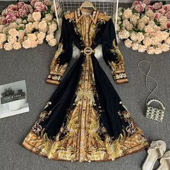 Женское винтажное элегантное этническое платье трапециевидной формы, весенне-осеннее платье с высокой талией, воротником-поло и длинным рукавом с принтом, вечерние и отпускные платья One Size