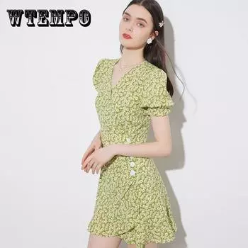 Женское винтажное элегантное короткое зеленое праздничное платье с принтом ромашки, короткое тонкое вечернее платье с пузырьковыми рукавами XL