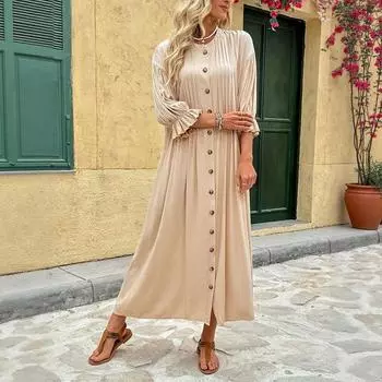 Женское винтажное элегантное макси-платье для поездок на работу и отдыха с застежкой на пуговицы на талии S хаки