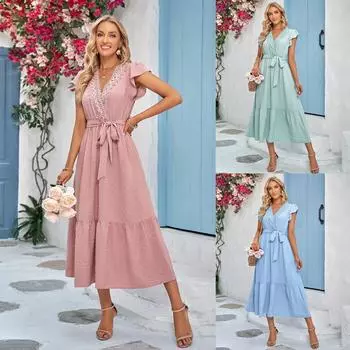 Женское винтажное элегантное модное шифоновое платье с рукавами-крылышками и v-образным вырезом и высокой талией, тонкое шифоновое платье трапециевидной формы с рюшами и краями, летние платья для вечеринок и каникул One Size абрикосовый