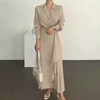 Женское винтажное элегантное платье-рубашка с длинным рукавом 3XL бежевый