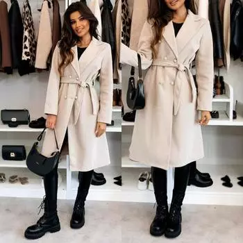 Женское винтажное элегантное шерстяное пальто осень-зима длинная двубортная куртка с поясом и длинными рукавами ветровка с лацканами S чёрный