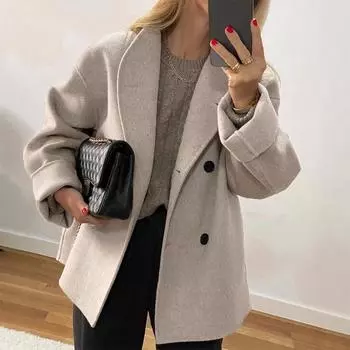 Женское винтажное элегантное теплое шерстяное пальто осень-зима повседневное двубортное однотонное пальто шикарный воротник-стойка верхнее пальто для поездок на работу S хаки
