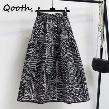 Женское винтажное бальное платье Qooth с 3D принтом, темпераментная длинная юбка трапециевидной формы с эластичной резинкой на талии QT2259 One Size чёрный