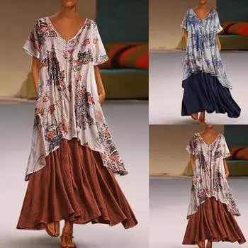 Женское винтажное богемное платье с цветочным принтом и коротким рукавом с v-образным вырезом макси-платье L оранжевый