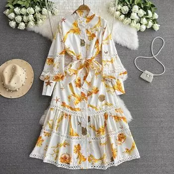 Женское винтажное богемное праздничное длинное платье макси с принтом и рукавом-фонариком, однобортное шикарное платье в стиле бохо M жёлтый