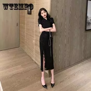 Женское винтажное черное праздничное платье с высокой талией, элегантное тонкое кружевное вечернее платье с разрезом XL чёрный