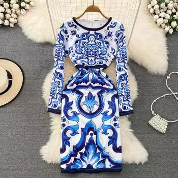 Женское винтажное дизайнерское платье с принтом на подиуме, модное весенне-осеннее тонкое облегающее платье-карандаш для вечеринок L синий