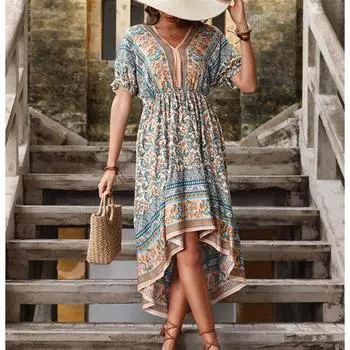 Женское винтажное длинное летнее платье с цветочным принтом, женское свободное повседневное богемное пляжное платье на пуговицах, женский сарафан, халат, Vestidos, женский S