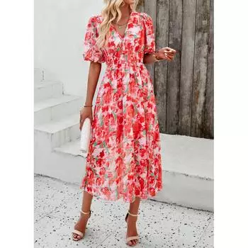Женское винтажное длинное летнее платье с цветочным принтом, женское повседневное богемное пляжное платье, женский сарафан, женский S красный