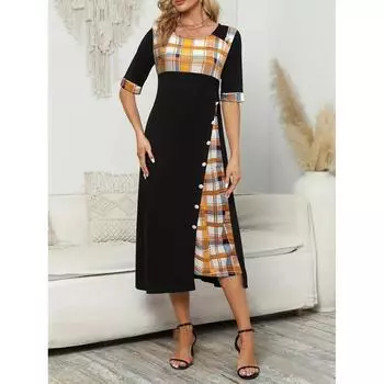 Женское винтажное длинное платье больших размеров со средним рукавом и круглым вырезом с принтом 4XL чёрный