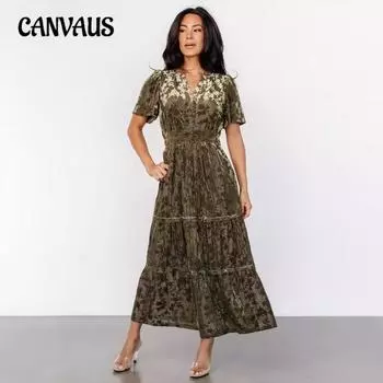 Женское винтажное длинное платье из золотистого бархата Burnt Flower, новое чистое цветное темпераментное платье для поездок на работу S армия зеленый