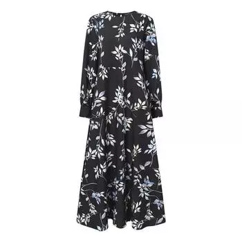 Женское винтажное длинное платье летнее с круглым вырезом и длинными рукавами, платье-свинг свободного кроя с принтом листьев, повседневное пляжное макси-платье для отпуска M чёрный