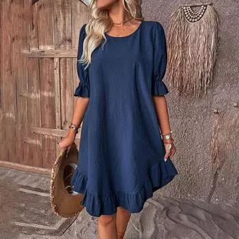 Женское винтажное хлопковое льняное платье со средним рукавом и круглым вырезом, однотонная юбка, платье со свободным подолом, кружевные платья S