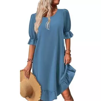 Женское винтажное хлопковое льняное платье со средним рукавом и круглым вырезом, однотонная юбка, платье со свободным подолом, кружевные платья L