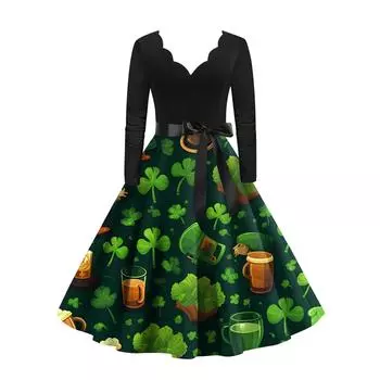 Женское винтажное классическое платье с длинным рукавом St. Свободное платье с V-образным вырезом и принтом ко Дню Святого Патрика L