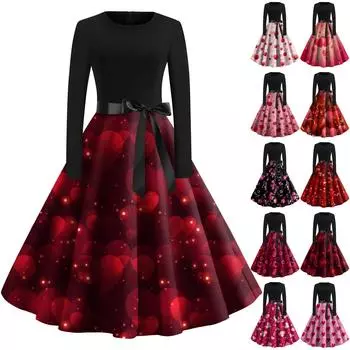 Женское винтажное классическое платье с длинным рукавом и принтом на День святого Валентина, свободное платье с круглым вырезом L