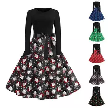 Женское винтажное классическое платье с длинным рукавом и рождественским принтом, свободное платье с круглым вырезом L