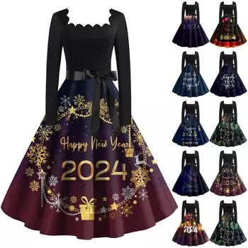 Женское винтажное классическое платье с длинным рукавом 2024, новогоднее свободное платье с квадратным вырезом и принтом L чёрный