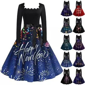 Женское винтажное классическое платье с длинным рукавом 2024, новогоднее свободное платье с квадратным вырезом и принтом L синий