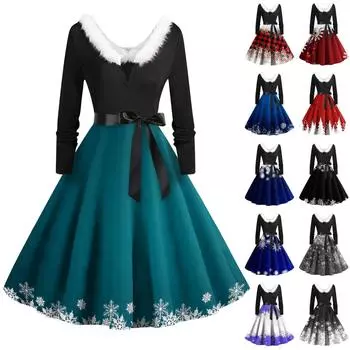 Женское винтажное классическое платье с длинным рукавом и рождественским принтом с v-образным вырезом, свободное платье XXL синий