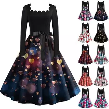 Женское винтажное классическое платье с длинным рукавом и принтом ко Дню святого Валентина, свободное платье с квадратным воротником L чёрный