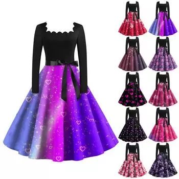 Женское винтажное классическое платье с длинным рукавом и принтом на День святого Валентина с квадратным вырезом и распашным платьем L чёрный