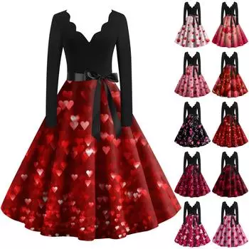 Женское винтажное классическое платье с длинным рукавом и принтом ко Дню святого Валентина, свободное платье с V-образным вырезом L