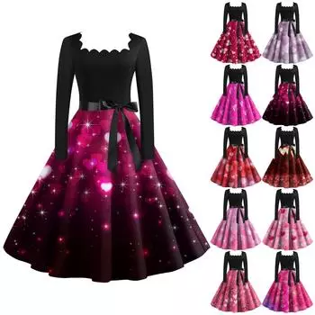 Женское винтажное классическое платье с длинным рукавом и принтом на День святого Валентина с квадратным вырезом и распашным платьем L