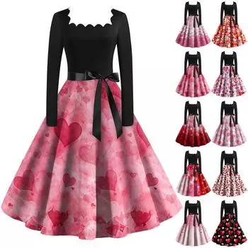 Женское винтажное классическое платье с длинным рукавом и принтом ко Дню святого Валентина, свободное платье с квадратным воротником L