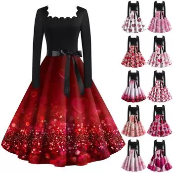 Женское винтажное классическое платье с длинным рукавом и принтом ко Дню святого Валентина, свободное платье с квадратным воротником L