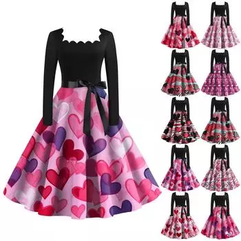 Женское винтажное классическое платье с длинным рукавом и принтом на День святого Валентина с квадратным вырезом и распашным платьем L чёрный