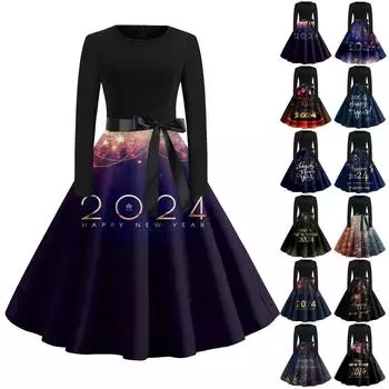 Женское винтажное классическое платье с длинным рукавом 2024, новогоднее свободное платье с открытым вырезом и принтом L чёрный