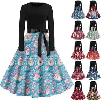 Женское винтажное классическое платье с длинным рукавом и рождественским принтом, свободное платье с круглым вырезом L