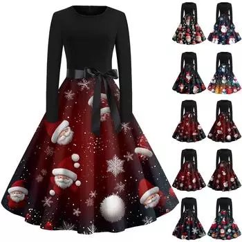 Женское винтажное классическое платье с длинным рукавом и рождественским принтом, свободное платье с круглым вырезом L синий