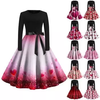 Женское винтажное классическое платье с длинным рукавом и принтом на День святого Валентина, свободное платье с круглым вырезом L