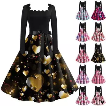 Женское винтажное классическое платье с длинным рукавом и принтом ко Дню святого Валентина, свободное платье с квадратным воротником L чёрный