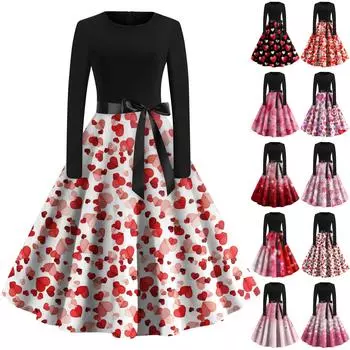 Женское винтажное классическое платье с длинным рукавом и принтом на День святого Валентина, свободное платье с круглым вырезом L