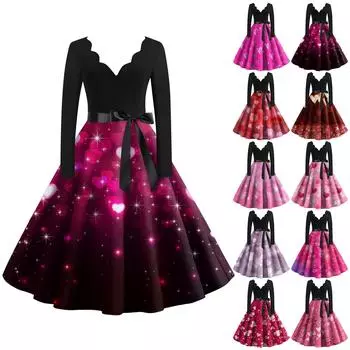 Женское винтажное классическое платье с длинным рукавом и принтом ко Дню святого Валентина, свободное платье с V-образным вырезом L