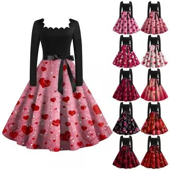 Женское винтажное классическое платье с длинным рукавом и принтом на День святого Валентина с квадратным вырезом и распашным платьем L