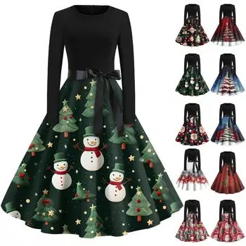 Женское винтажное классическое платье с длинным рукавом и рождественским принтом, свободное платье с круглым вырезом M чёрный