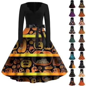 Женское винтажное классическое платье с длинным рукавом и принтом, V-образным вырезом, свободное платье XXL красный