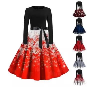 Женское винтажное классическое платье с длинным рукавом и рождественским принтом, свободное платье с круглым вырезом L
