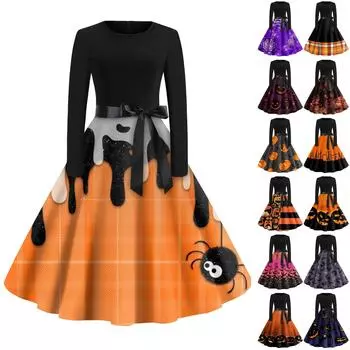 Женское винтажное классическое платье с длинным рукавом и принтом, V-образным вырезом, свободное платье M золотой