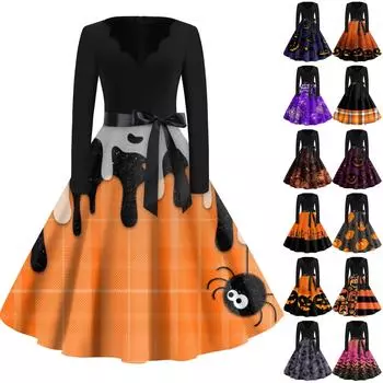 Женское винтажное классическое платье с длинным рукавом и принтом, V-образным вырезом, свободное платье XXL золотой